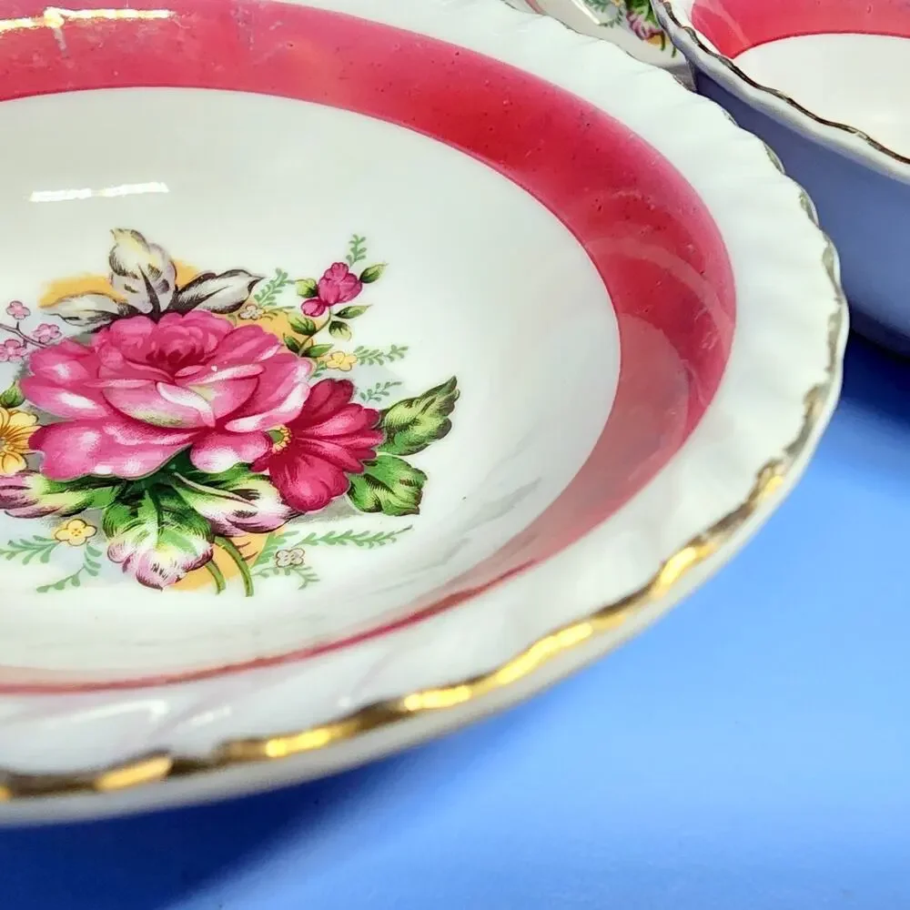 4 Westwood Luster Floral Bowls Gold Trim Pink Burgundy Set 5 1/2